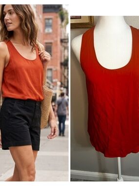 Theory Womens Solid Red Orange 100%
Silk Round Neck Tank Small